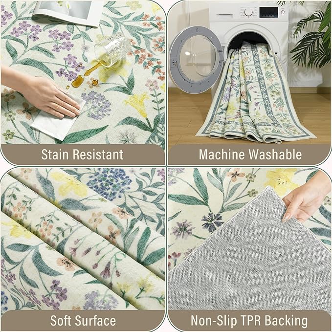 Amearea Green Runner Rugs for Hallway, 2x6 Feet Area Rugs for Bedroom Girls, Washable Floral Collection Bedside Rugs Low Pile Print Carpet, Kids Room Entrance Kitchen Living Room Decor