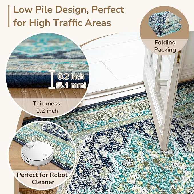 BESTSWEETIE 2x8 Area Rugs for Living Room Washable Non Slip Carpet Low Pile Soft Vintage Print Pattern Rug for Bedroom Dining Room Kitchen Entryway Indoor-Teal/Navy/Green/Yellow