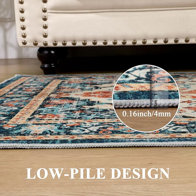 U'Artlines Boho Vintage Area Rug 8x10 Machine Washable Low Pile Soft Floor Carpet Non Slip Non Shedding Accent Rug for Living Room Bedroom Entryway Dining Room Office Orange/Multi