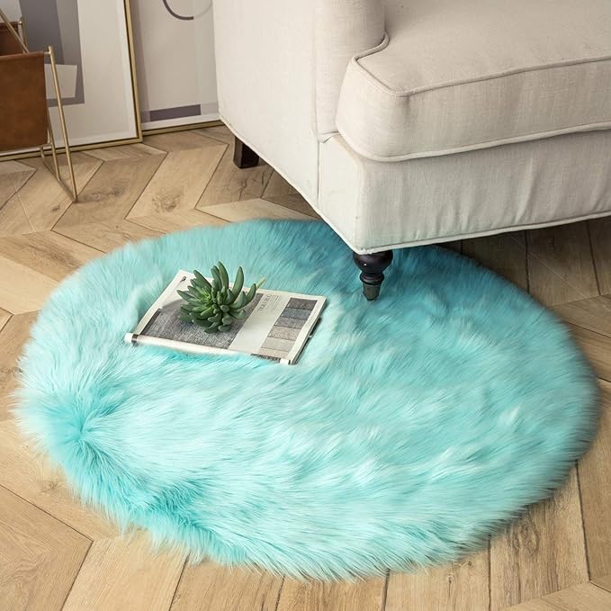Ashler faux fur rug, Fluffy Shaggy Area Rug Ultra Soft 3 x 3 Feet Round Fur Rug, Turquoise Fuzzy Rug Machine Washable Shag Rug, Nursery Decor Throw Rugs for Bedroom, kids room, Living Room
