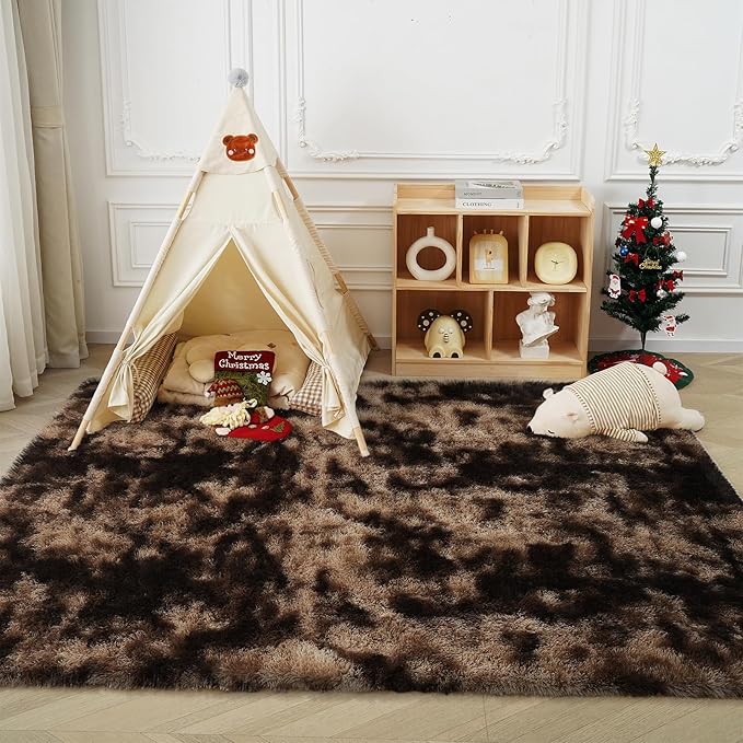 Fluffy Rug Shaggy Area Rug, Mottling Brown 3x5 Area Rugs for Bedroom, Small Bedside Rug, Soft Fluffy Shaggy Entryway Throw Rugs for Living Room Bedroom Kids Room Home Decor
