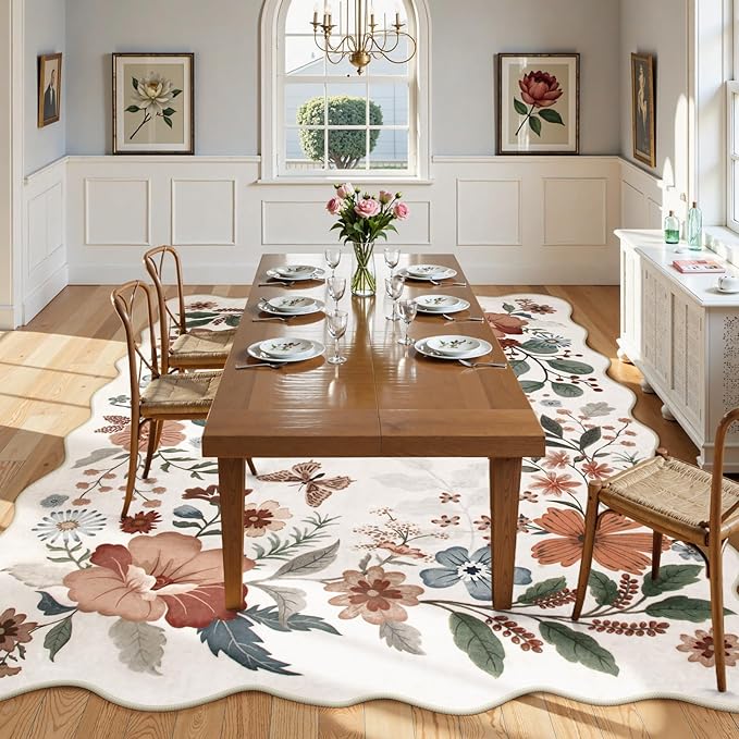 Beeiva Boho Area Rugs 8x10, Washable Floral Rug for Living Room, Ultra Thin Large Carpet for Playroom, Dining Room, Bedroom or Nursery - Beige