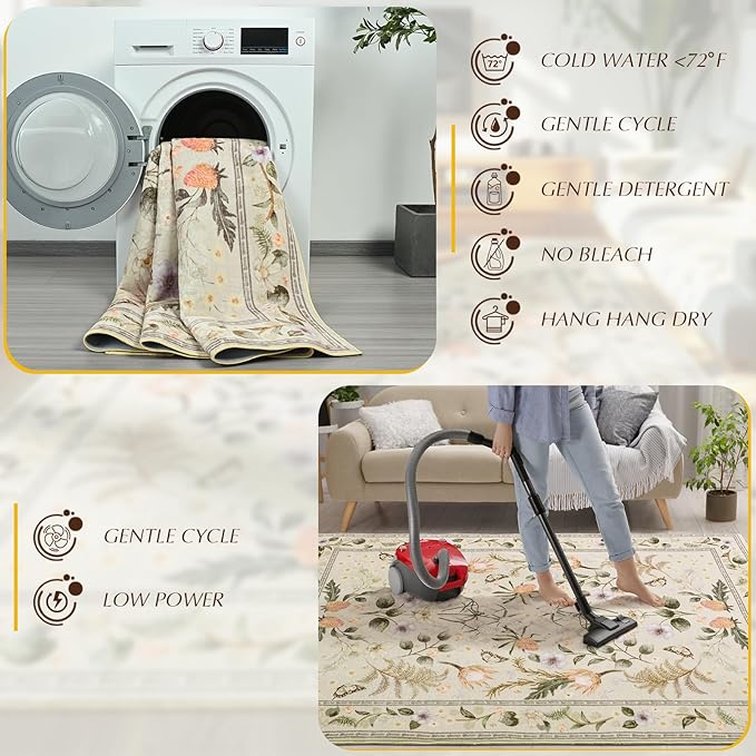 Area Rugs for Living Room, 6x9 Washable Non-Slip Rug for Bedroom, Vintage Floral Carpet for Home Office Nursery Dining Room Kitchen, Beige
