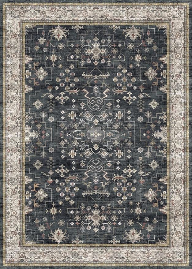 Black Boho Living Room Rug 5x7, Washable Dark Vintage Moody Low Pile Non Slip Carpet for Bedroom, Dinning Room, Office, Farmhouse, Retro Area Rug Indoor Decor (5x7 Black/Multi)