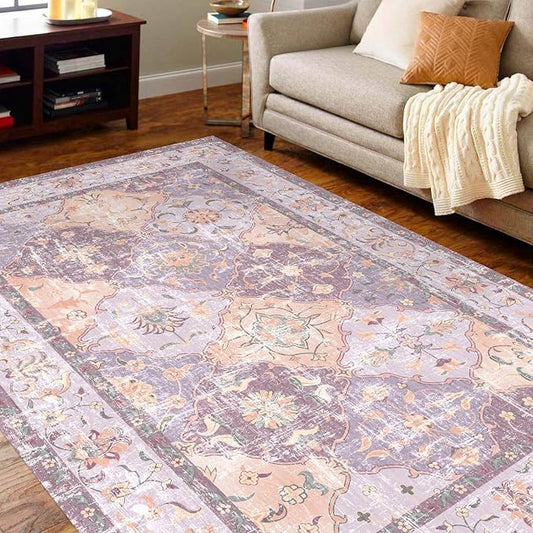 Washable Boho Vintage Purple Area Rugs 4×6 Traditional Mauve Carpert for Girls' Room Nursery Living Room Bedroom Dining Room Non-Slip
