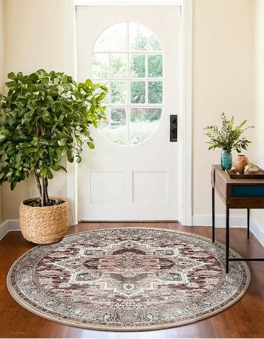BESTSWEETIE 4ft Area Rugs for Living Room Washable Non Slip Carpet Low Pile Soft Vintage Print Pattern Rug for Bedroom Dining Room Kitchen Entryway Indoor-Wine/Brown/Brick/Black/Light tan