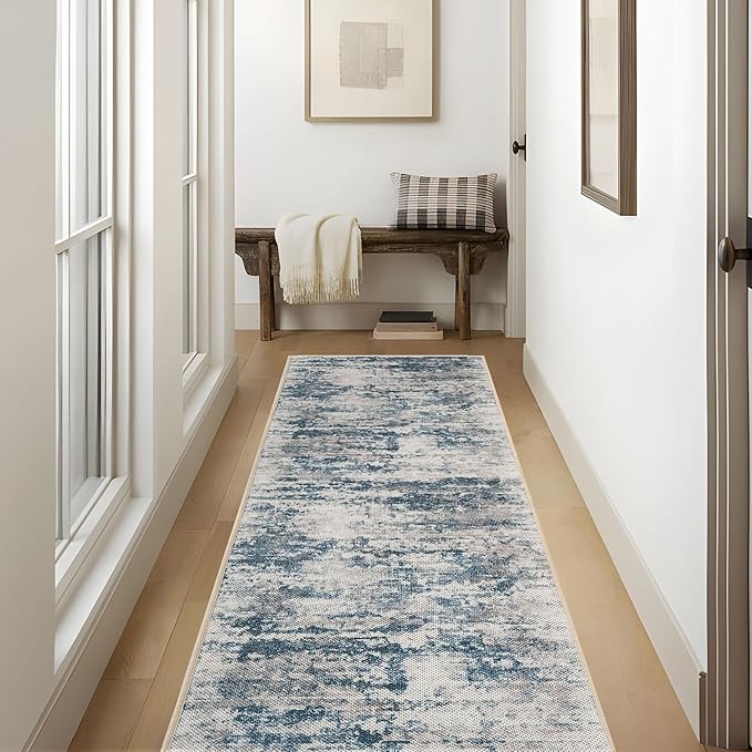 Abstract Washable Runner Rug, 2.6x8 Hallway Runner Rugs, No Pile Tear and Stain Resistance, Non-Slip, Hand Woven Style Kitchen Thin Rug for High Traffic Hallway Entrance Laundry - Blue