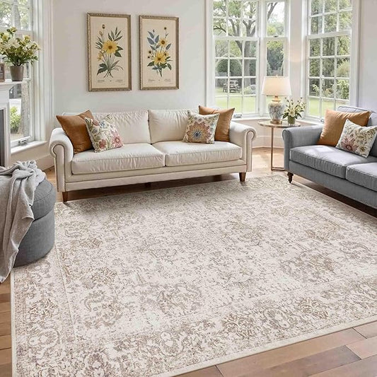 5X7 Washable Area Rug for Living Room, Vintage Neutral Large Boho Rugs for Office, Dining Room, Kids Room, Farmhouse, Durable Low Pile Non Slip Carpet for High Traffic Areas, Light Bown