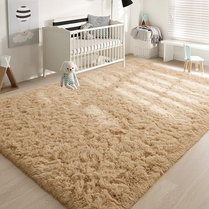 YJ.GWL Area Rugs for Living Room Bedroom, 4x6 Machine Washable Large Beige Carpet, Soft Fluffy Shaggy Thick Big Shag Indoor Floor Rug for Kids Boy and Girls Room Dorm Home Decor Aesthetic