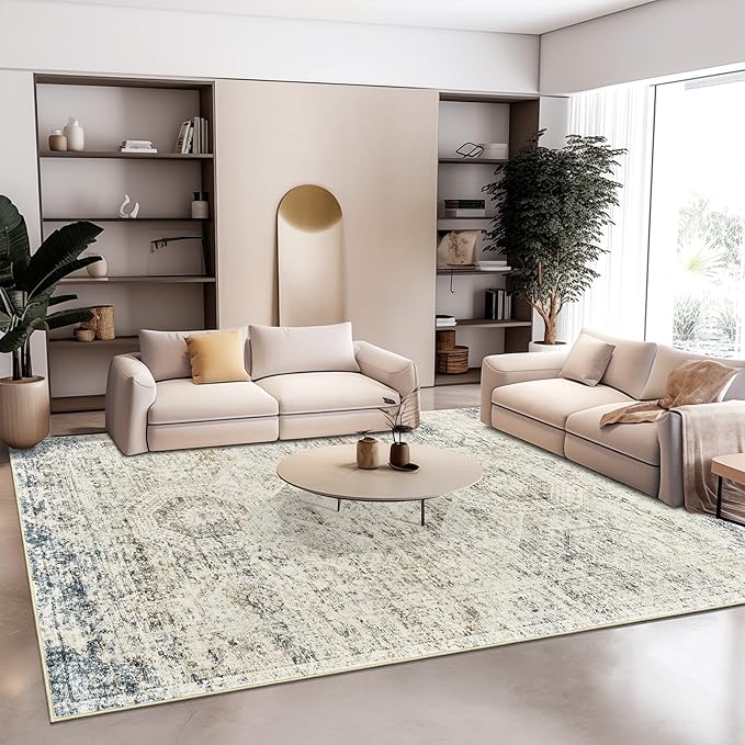 Washable Area Rug 8x10, Large Soft Rugs for Living Room Vintage 8x10 Area Rugs for Bedroom Dining Room Non-Slip Stain Resistant Under Table Blue Ivory Rug