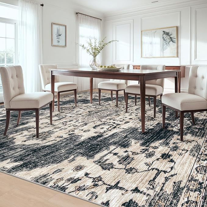 10x12 Area Rugs Washable Rug: Large Vintage Living Room Rug with Non-Slip Backing Low Pile Soft Indoor Floor Thin Carpet Non Shedding Neutral Carpet for Bedroom Dining Room Farmhouse Nursery Black