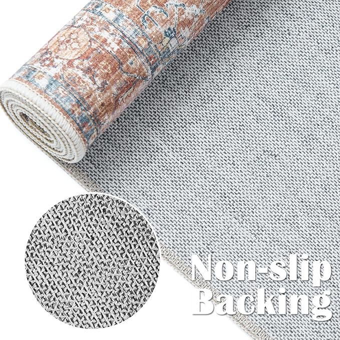 jinchan Runner Rug 3x7 for Hallway - Kitchen Machine Washable Vintage Floral Non-Slip with Rubber Backing Ultra-Thin Low-Pile Carpet Runner for Entryway Bedroom Laundry Room (3x7ft,Orange)