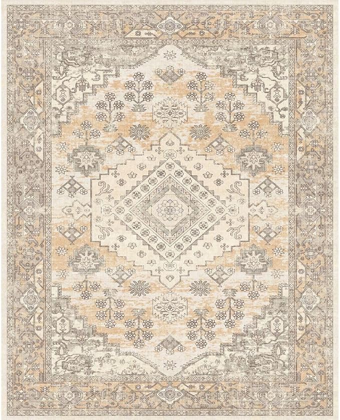 10x14 Large Area Rug - Vintage Washable Rug for Living Room with Non-Slip Low-Pile Traditional Medallion Border Rugs with Stain Resistant Foldable Retro Indoor Thin Rug