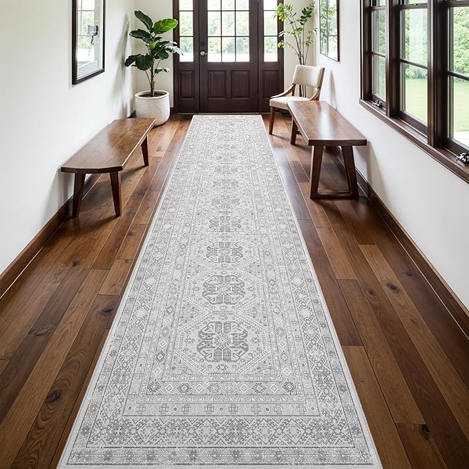 3x14 Runner Rug Kitchen Washable: Oriental Indoor Hallway Runners with Non Slip Backing Floor Mat for Entryway Door Low Pile Thin Carpet for Bedroom Bathroom Living Room Bedside Grey