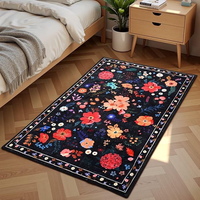 2x3 Small Floral Rug for Entryway, Flowers Printed Washable Rugs with Non Slip Backing for Girls Bedroom Kitchen, Cute Throw Carpet Front Door Entry Decor, Black