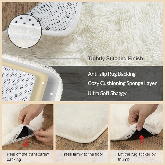 3x5 Rugs for Bedroom, Large Fluffy Cream White Area Rugs for Living Room, Soft Shag Kids Rug Small Carpet with 4 Non-Slip Rug Pads (3ft x 5ft, Cream White)