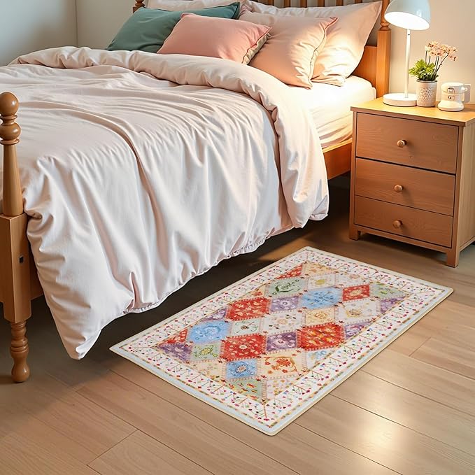 2x3 Small Washable Area Rug for Entryway, Boho Non-Slip Indoor Kitchen Rugs, Moroccan Floral Trellis Carpet Soft Low Pile Vintage Throw Mat for Bedroom Bathroom Front Door, Cream