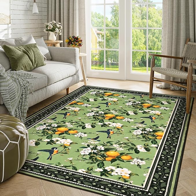 ASPMIZ Sage Green Area Rug, Vintage Floral 3x5 Rug Washable Non Slip, Lemon Hummingbird Rugs for Living Room, Foldable Low Pile Soft Throw Rug Carpet for Bedroom Kitchen Dining Room Nursery Office
