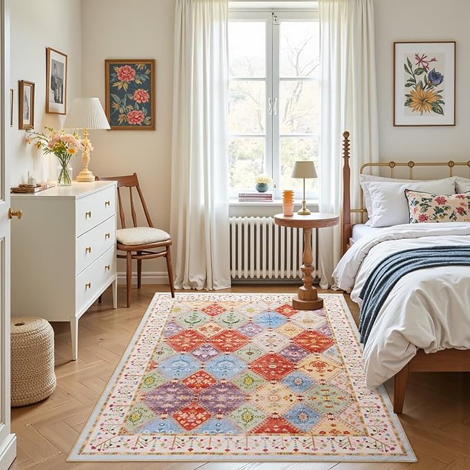 4x6 Washable Area Rug for Bedroom, Boho Non-Slip Living Room Rugs, Moroccan Floral Trellis Carpet Soft Low Pile Accent Indoor Mat for Nursery Kitchen Laundry Room, Cream