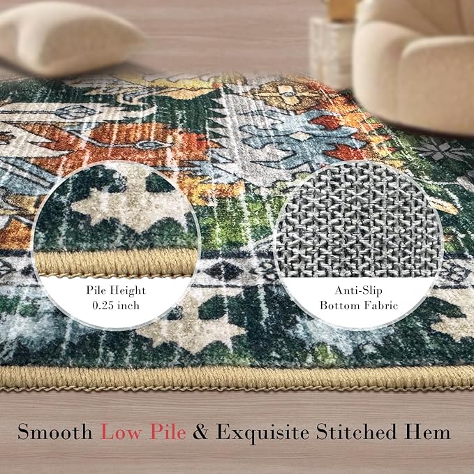 Washable Area Rugs - Perfect for Living Room, Bedroom, Kids Room, Nursery - Stain & Water Resistant Non-Slip, Pet & Child Friendly, Vintage Tribal Area Rugs (Green, 2'6'' x 8')