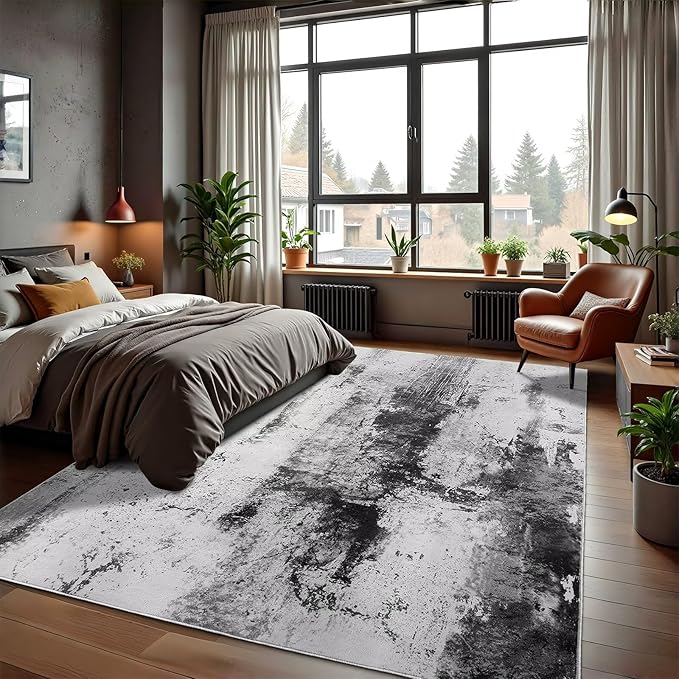 Washable Abstract Rug, 6x9 Modern Area Rugs with Non-Slip Rubber Backed for Living Room, Thin but Soft Contemporary Carpet Kitchen Bedroom Dining Room Decor, Black Grey