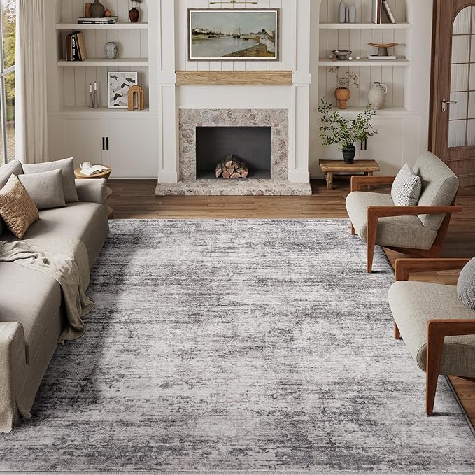9x12 Machine Washable Rugs Gray Hallway Large Area Rug Indoor Accent Rug Abstract Low Pile Carpet Distressed Throw Aesthetic Rug Bedroom Living Room Office Dining Room Kitchen Laundry Room