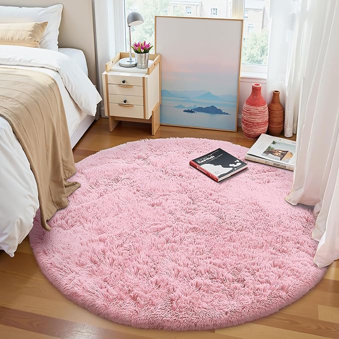 OLANLY Pink Round Rugs for Bedroom - Machine Washable, 9x9 Feet Circle Area Rugs for Living Room, Soft and Fluffy Shaggy Carpet for Teen Girls and Boys, Nursery Rooms, Dorms, Home Decor Aesthetic