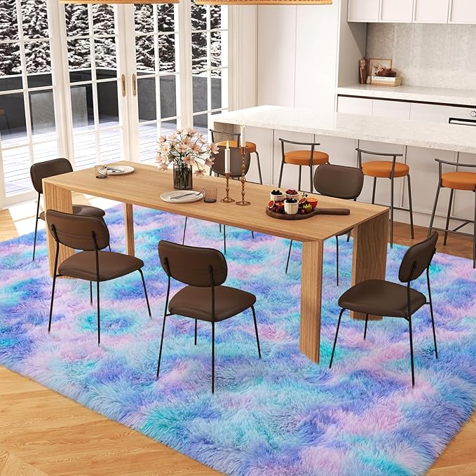 Large Area Rugs 9x12 Living Room, Plush Thick Carpets for Boy and Girls Room, Modern Soft Shag Rug for Bedroom, Non Slip, Indoor Carpet for Nursery Dorms Home Decor Aesthetic, Purple Rainbow