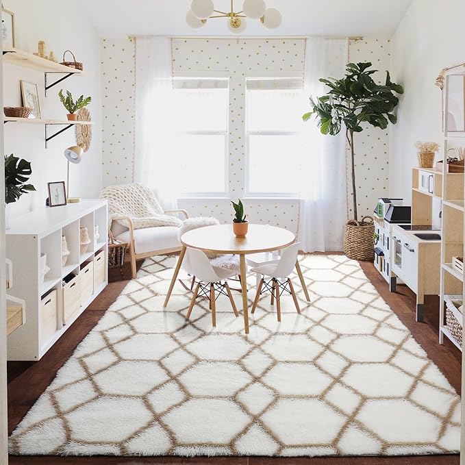 ONASAR Large Area Rugs for Living Room, 7x10 White and Beige Bedroom Rug, Washable Geometric Boho Soft Plush Shaggy Fuzzy Floor Carpet Mat for Nursery Kids Girls Boys Teen Dorm Home Decor