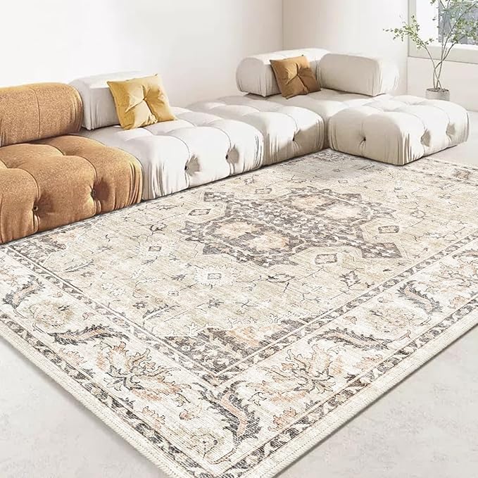 Area Rug 8x10 for Living Room, Vintage Design Home Decor, Floor Decoration Carpet Mat, Area Rugs for Living Room,Beige Washable Rug (Beige Cream, 8x10)