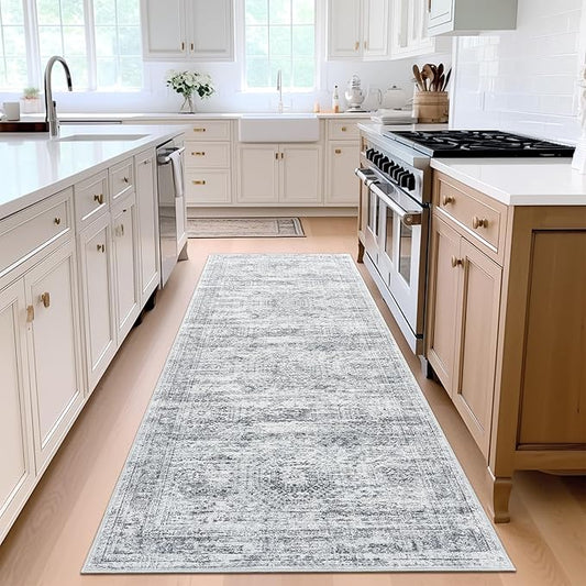 Washable Runner Rug, 2'6" x 8' Non-Slip Kitchen Vintage Foldable Hallway Runners for Entryway, Laundry, Bedroom, Grey