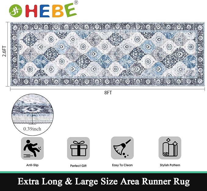 HEBE Hallway Runner Rug 2'8”x8' Washable Vintage Distressed Area Rugs Non Slip Laundry Rug Runner Boho Floor Carpet Runners for Hallways Entryway Laundry Room Kitchen Bathroom