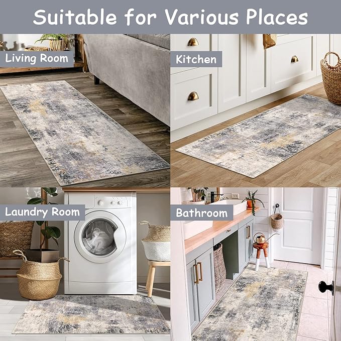 Lahome Modern Abstract Gray Bathroom Runner Rug, 2x4.3 Washable Laundry Room Runner, Soft Non Slip Low Pile Throw Carpet Runner for Entryway Kitchen Hallway Doorway Bedroom