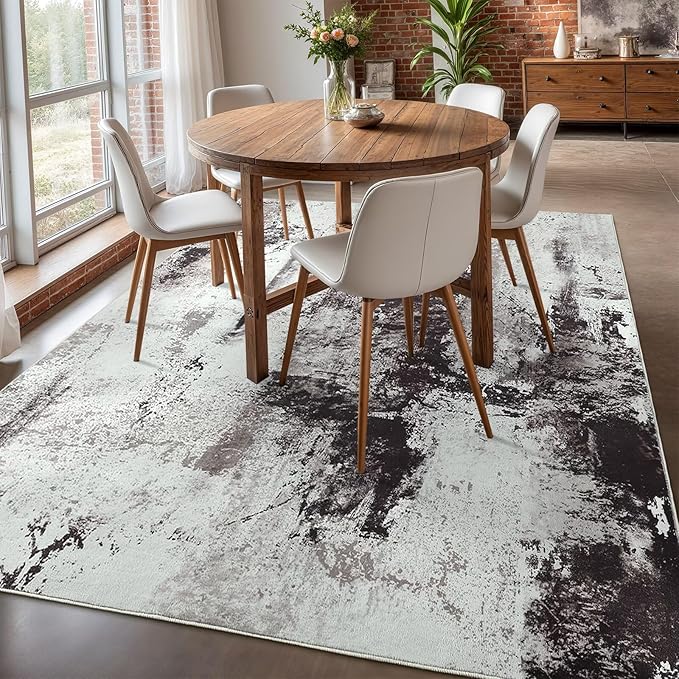 Washable Abstract Rug, 5x7 Modern Area Rugs with Non-Slip Rubber Backed for Living Room, Thin but Soft Contemporary Carpet Kitchen Bedroom Dining Room Decor, Black Brown