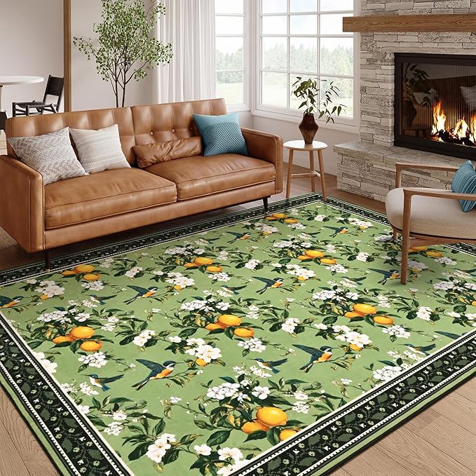 ASPMIZ Green Floral Area Rug 5x7 Rug for Living Room Vintage Washable Rugs for Bedroom Non Slip Soft Low Pile Lemon Throw Rugs for Dining Room Nursery Kitchen Entryway Laundry Office (Sage Green)