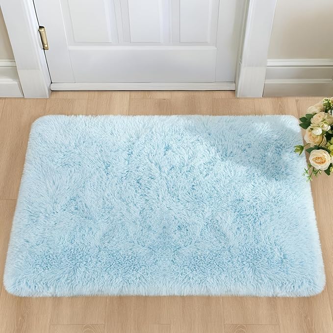 YJ.GWL Area Rugs for Bedroom, 2x3 Door Mat Washable Small Light Blue Bedside Rug,Fluffy Shaggy Entryway Rugs for Living Room, Shag Indoor Floor Carpet for Kids Boy and Girls, Home Decor Aesthetic