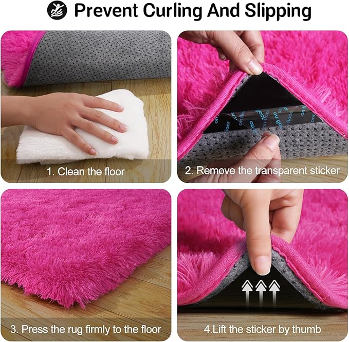 2x3 Rug for Bedroom, Fluffy Area Rugs for Living Room, Small Soft Shag Fuzzy Shaggy Carpets for Kids Boys and Girls Dorm with 4 Non-Slip Rug Tapes for Room Home Decor (2ft x 3ft, Hot Pink)