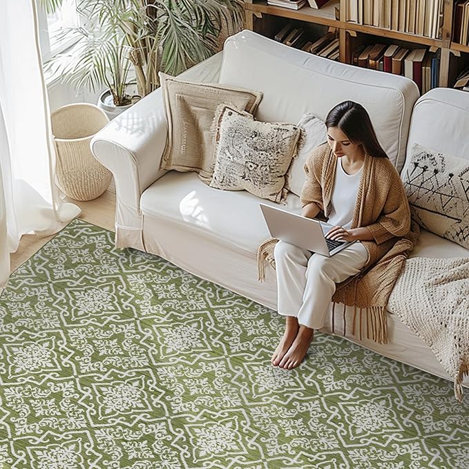 jinchan Boho Runner Rug 2x5 Moroccan Washable Rug Hallway Indoor Floor Accent Carpet Floral Tile Print Mat Soft Thin Runner Non Slip Carpet for Kitchen Bedroom Bathroom Laundry Room Decor Green