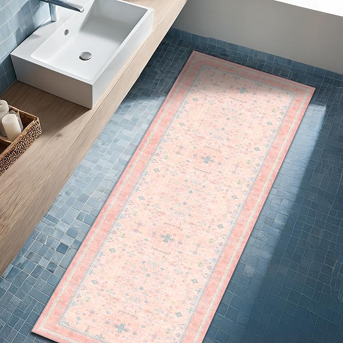 Washable Pink Hallway Runner Rug, 2x6 Area Rugs for Kitchen Floor Mat, Laundry Room, Bedroom - Boho Modern Floral Distressed Oushak Design, Soft Faux Wool Low Pile Non Slip Stain Resistance Carpet