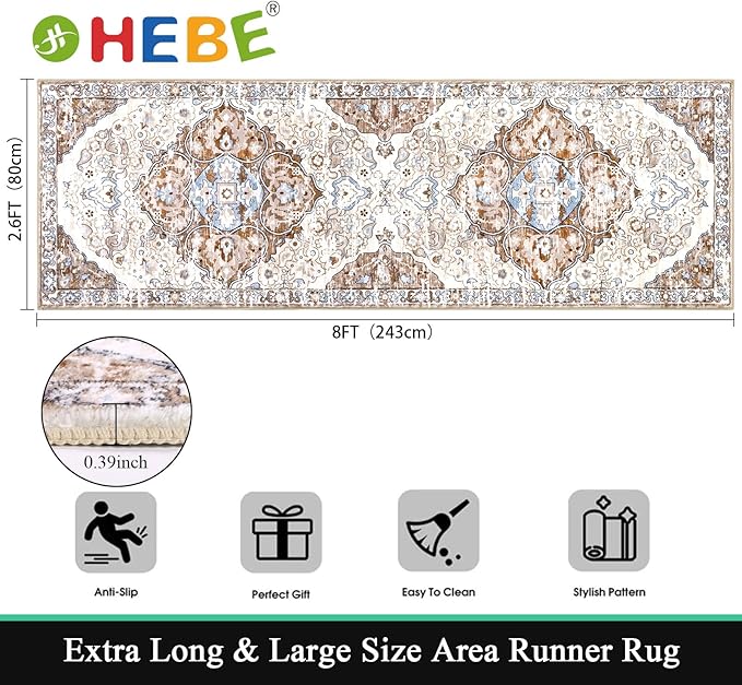 HEBE Hallway Runner Rug 2'8''x8' Washable Vintage Distressed Area Rugs Non Slip Laundry Rug Runner Boho Floor Carpet Runners for Hallways Entryway Laundry Room Kitchen Bathroom