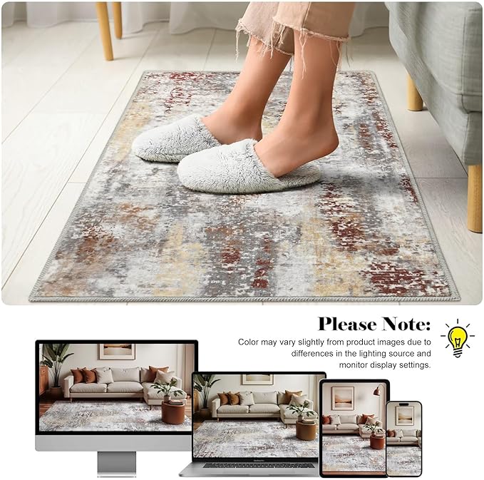 Washable Abstract Rug, 2x3 Small Modern Area Rugs with Non-Slip Rubber Backed for Kitchen, Thin but Soft Throw Carpet Bedroom Entryway Front Door Decor, Rusty Brown