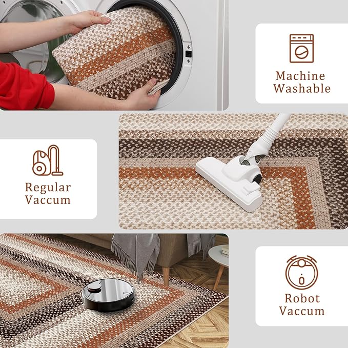 Imitation Braided Collection-Print Washable Area Rugs 2x8 Carpet Runner with Non-Slip Backing, Contemporary Bordered Hallway Rug, Farmhouse Low Pile Floor Cover for Kitchen, Laundry, Bedroom