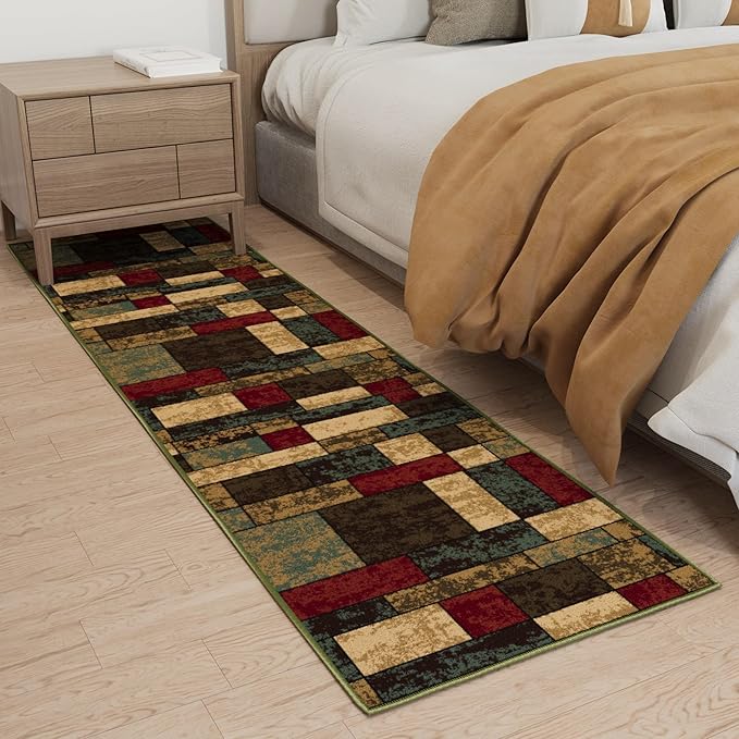 Ottomanson Hallway Runner Rug 1'10" x 7' Non Slip Boxes Area Rugs Easy to Clean Laundry Rug Runner Durable & Pet Friendly Floor Carpet Runners for Hallways Entryway Living Room Kitchen, Multicolor