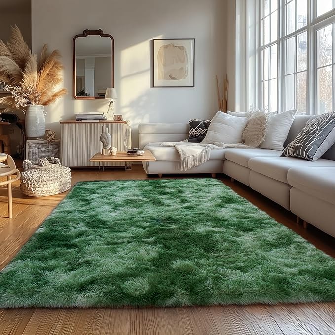 Tie-Dyed Fluffy Green Rug for Bedroom 8x10 ft Large - Ultra Soft & Non Slip Shaggy Area Rug, Comfy Durable Carpet for Living Room Kids Room Teens Dorm Home Decor, 1.7'' Thick Indoor Plush Carpets