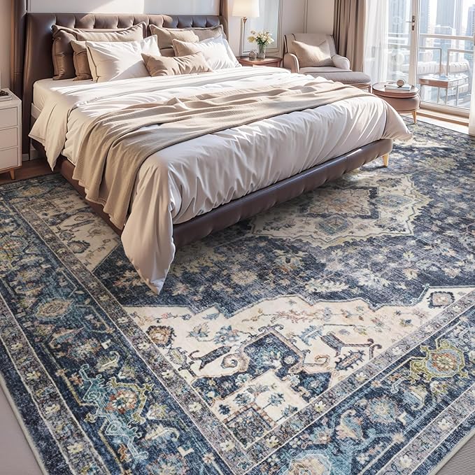 AMOAMI-3X5 Area Rug-Soft Washable Rug for Living Room Bedroom -Non Slip Entryway Rug-Indoor Vintage Throw Rug Accent Rug for Living Room Laundry Room Kitchen Bathroom Bedside Blue
