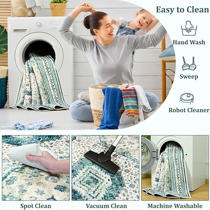 Maxsoft 6x9 Area Rug,Vintage Machine Washable Rugs for Living Room, Soft Non-Slip Low Pile Rug, Stain Resistant Rugs for Kitchen, Bedroom, Dining Room,Laundry Room,Nursery (Light Green)