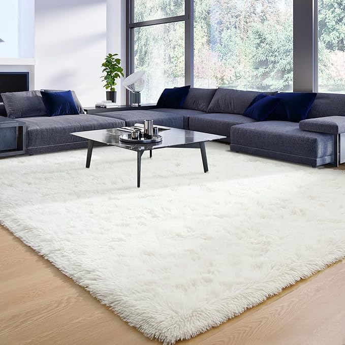 YJ.GWL Area Rugs for Living Room Bedroom, 9x12 Machine Washable Large Cream Carpet, Soft Fluffy Shaggy Thick Big Shag Indoor Floor Rug for Kids Boy and Girls Room Dorm Home Decor Aesthetic