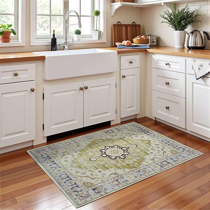 Vintage Entryway 2x3 Rug, Machine Washable Small Medallion Area Rug, Soft Non-Slip Stain Resistance Boho Throw Rugs, Low-Pile Indoor Door Mat for Kitchen Bedroom Hallway Entry, Green