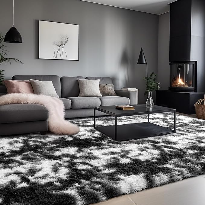 Zentavio Black and White Area Rugs for Living Room Rugs for Bedroom 4x6 Soft Carpet Fluffy Furry Shag Aesthetic Plush High Pile Gray Throw Rug for Nursery Kids Room Dorm Tie-Dyed