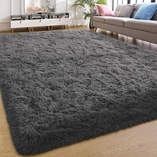 YJ.GWL Area Rugs for Living Room Bedroom, 4x6 Machine Washable Large Dark Grey Carpet, Soft Fluffy Shaggy Thick Big Shag Indoor Floor Rug for Kids Boy and Girls Room Dorm Home Decor Aesthetic
